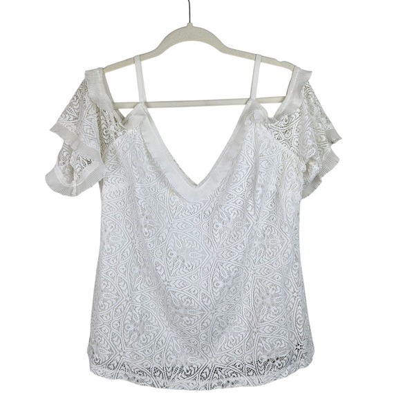 White House Black Market Tops - White House Black Market White Lace Ruffle Cold Shoulder‎ Top Size M